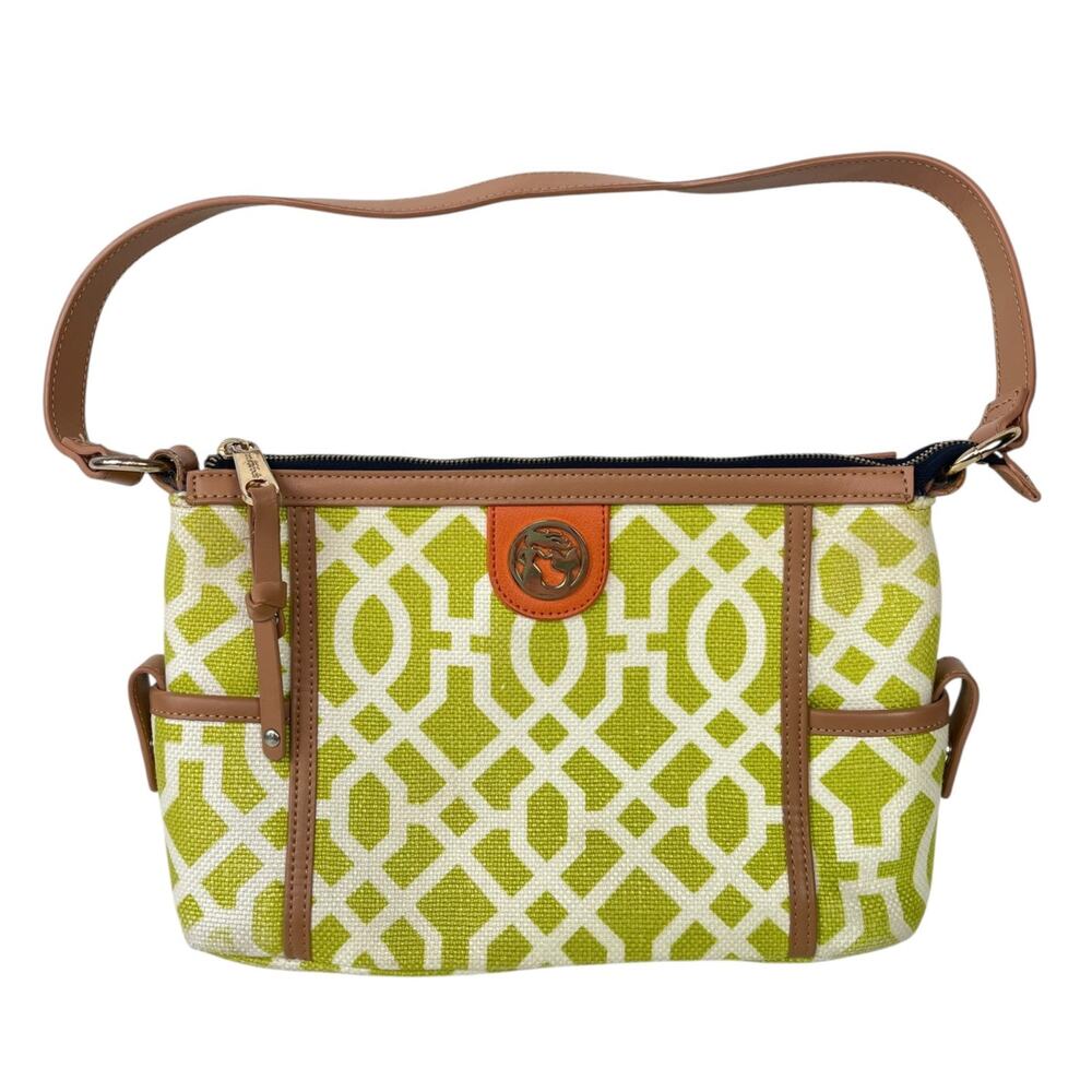 Spartina 449 Lime Lattice Linen Tan Leather Trim Heyward Shoulder Bag Purse